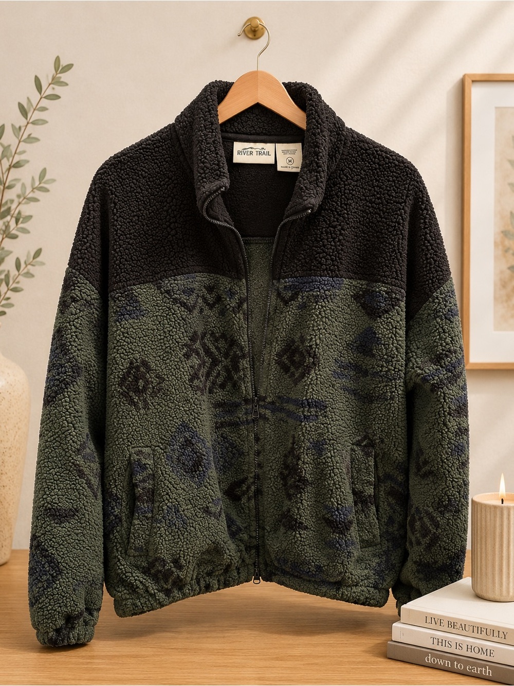 Men's Olive & Black Sherpa Zip Jacket